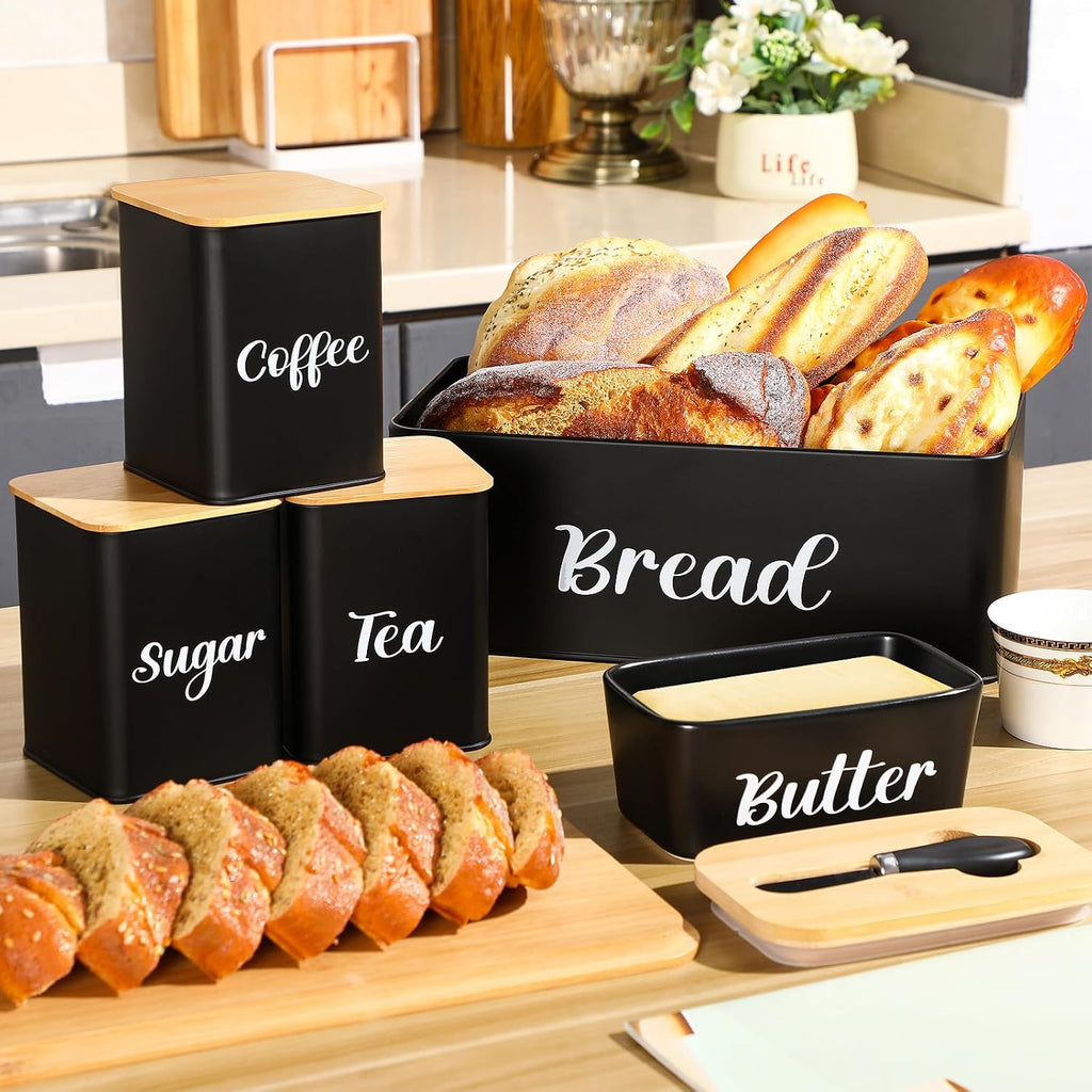 Metal Bread Box and Ceramic Butter Dish with 3 Airtight Kitchen Canisters Farmhouse Storage Canister Set with Bamboo - Set of 5