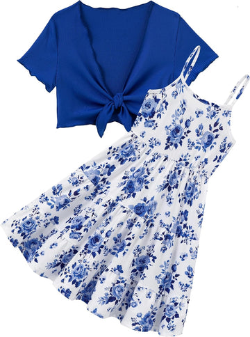 Girls Adjustable Strap Cami Dress with Cardigan 2 Piece Set