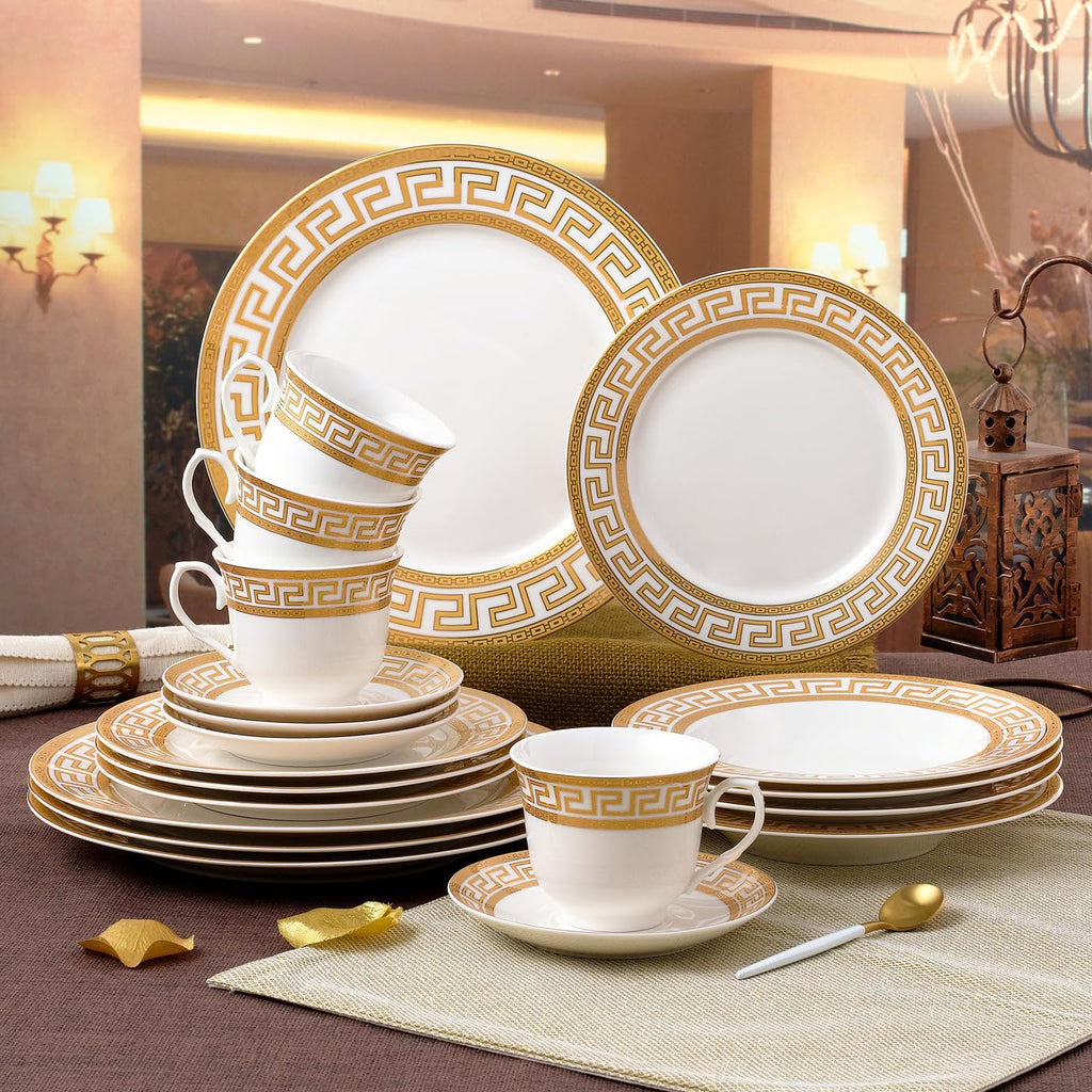 20-pc. Dinnerware Set w/Greek Key Gold Pattern & 24K Ornament, Dining Service for 4