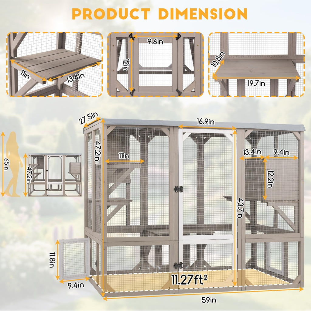Catio Outdoor Cat Enclosure, Wooden Cat House with 4 Platforms