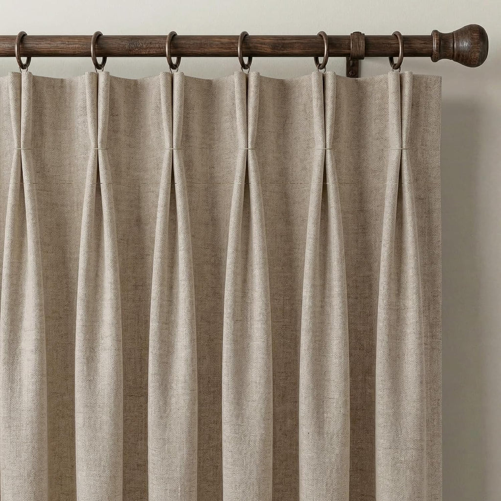 395GSM Heavyweight Pinch Pleat Oatmeal Faux Linen Curtains 84" Long, Room Darkening Thermal Drapes, Double-Sided