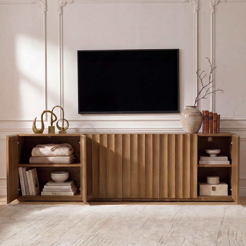 93.92" TV Stand, Modular Fluted Mid Century Modern, Amber Oak
