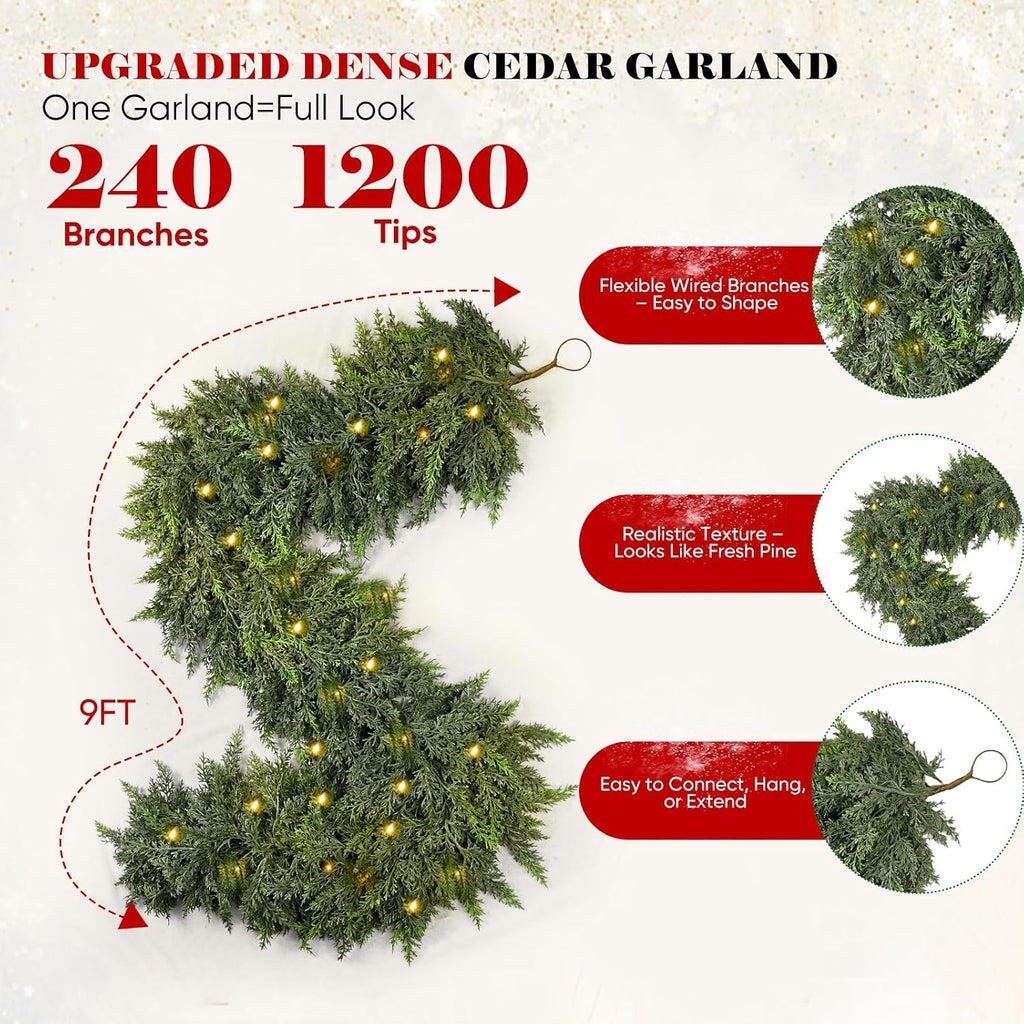 9FT Thick Christmas Cedar Garland with Lights, Layered Faux Greenery Decor