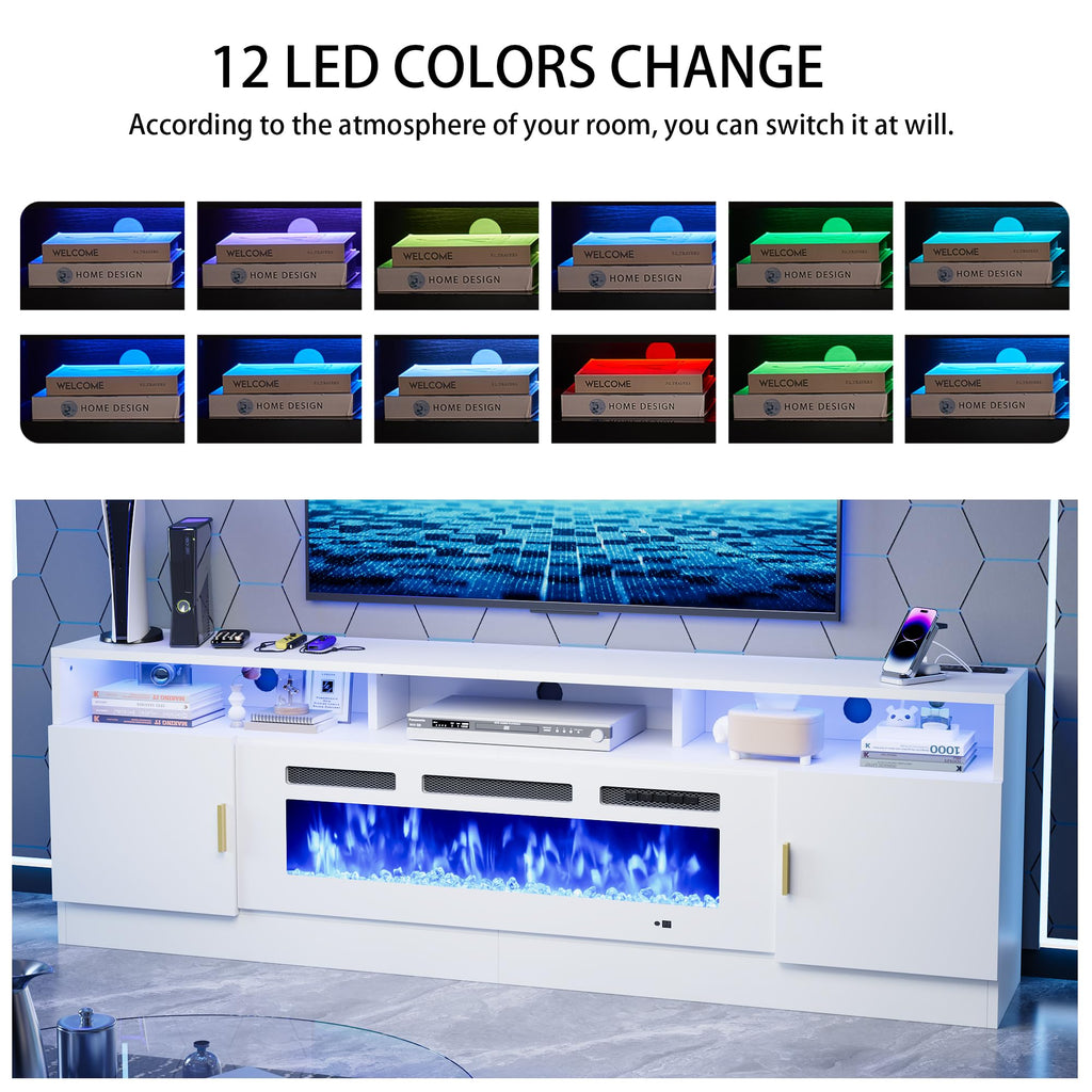 78" Fireplace TV Stand with Power Outlet for TVs Up to 90", Electric Fireplace Entertainment Center with LED Lights &
