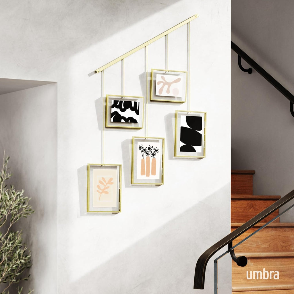 Exhibit Picture Frame Set, Adjustable Wall Mount, Set of 5, Brass | Steel construction, customizable layout