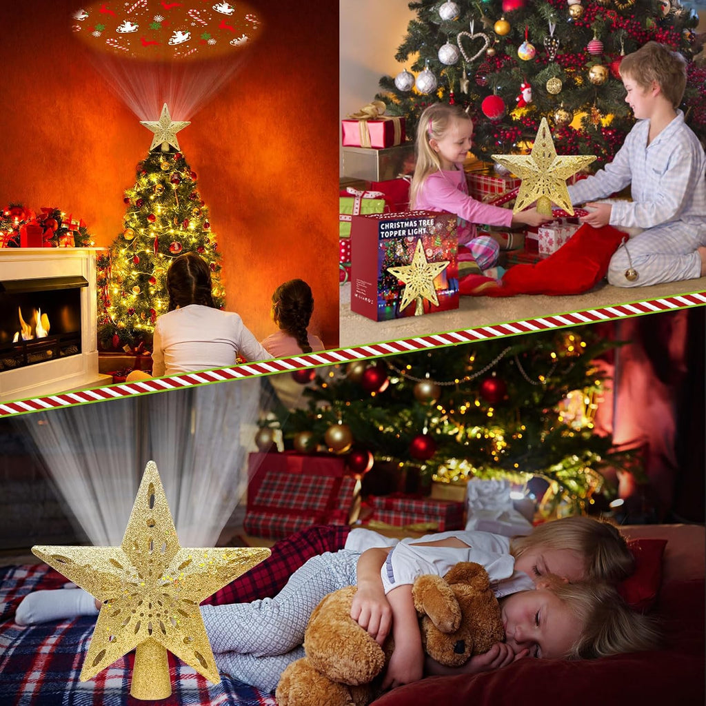 Christmas Tree Topper Lighted,Star Tree Topper with Projector Built-in LED Rotating Lights with 6 Projection Modes,3D
