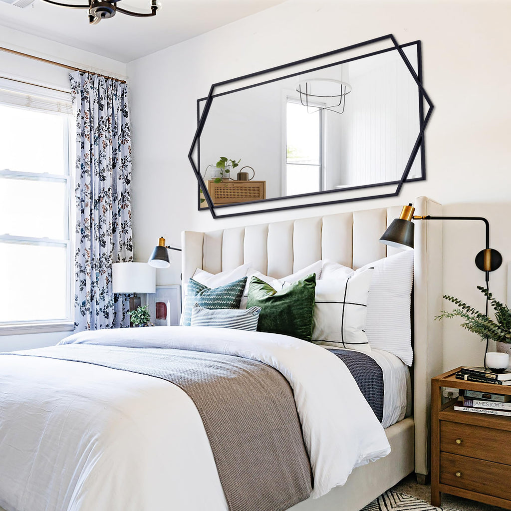 28"x 55" Black Decorative Mirror with Hexagon Metal Pipe Frame