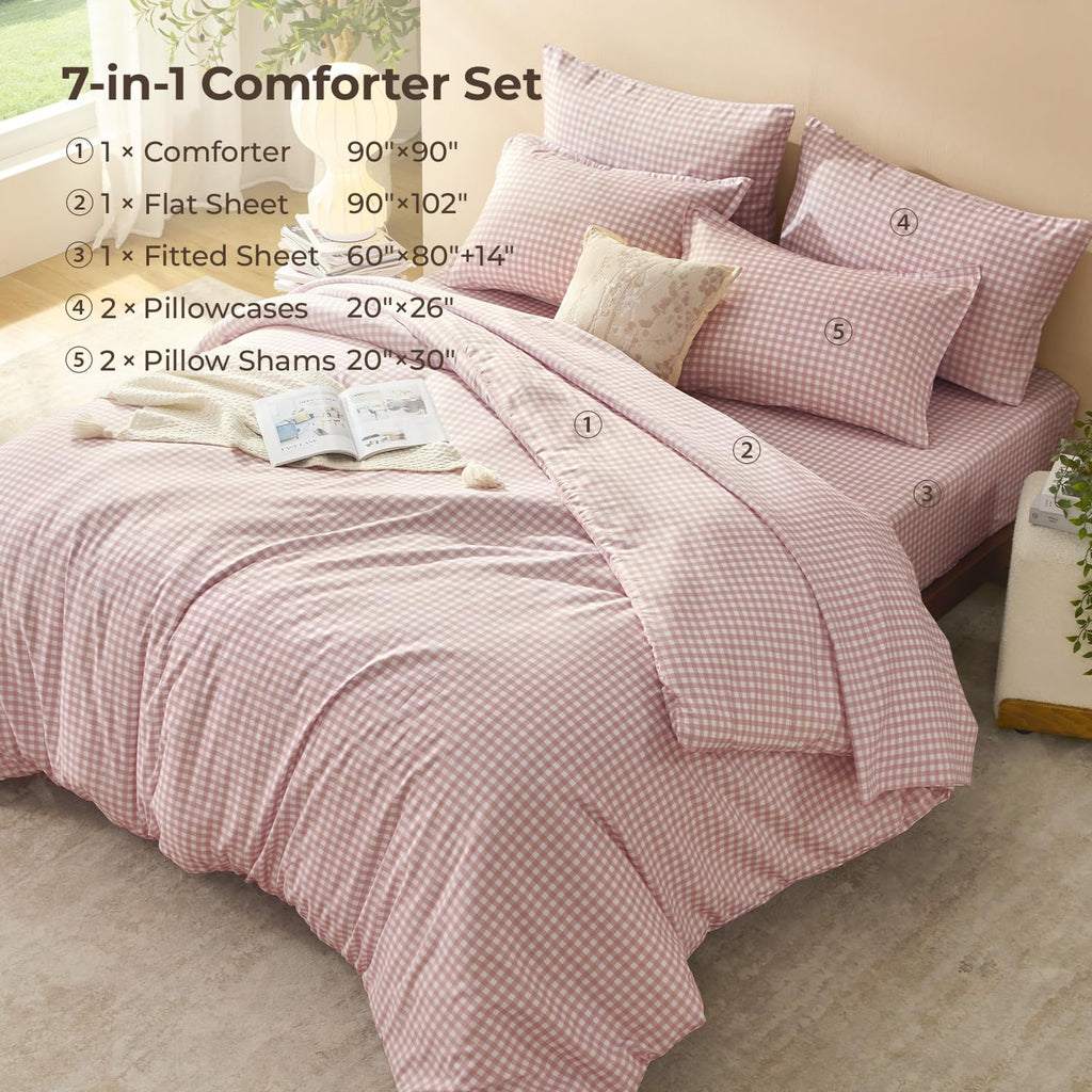 Blush Pink Gingham Comforter Set 7 Pieces