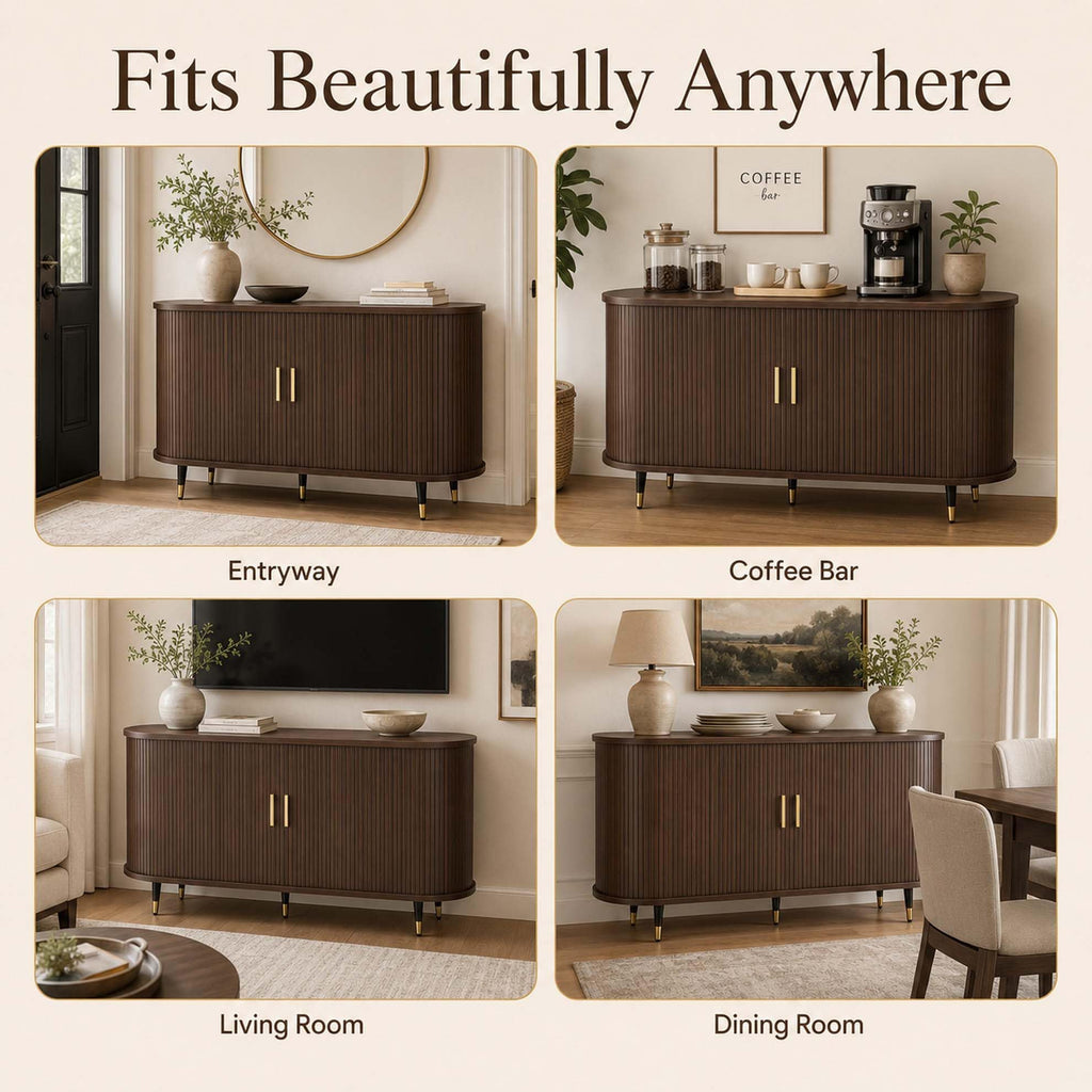 55" Sideboard Cabinet, Fluted Credenzas, Walnut