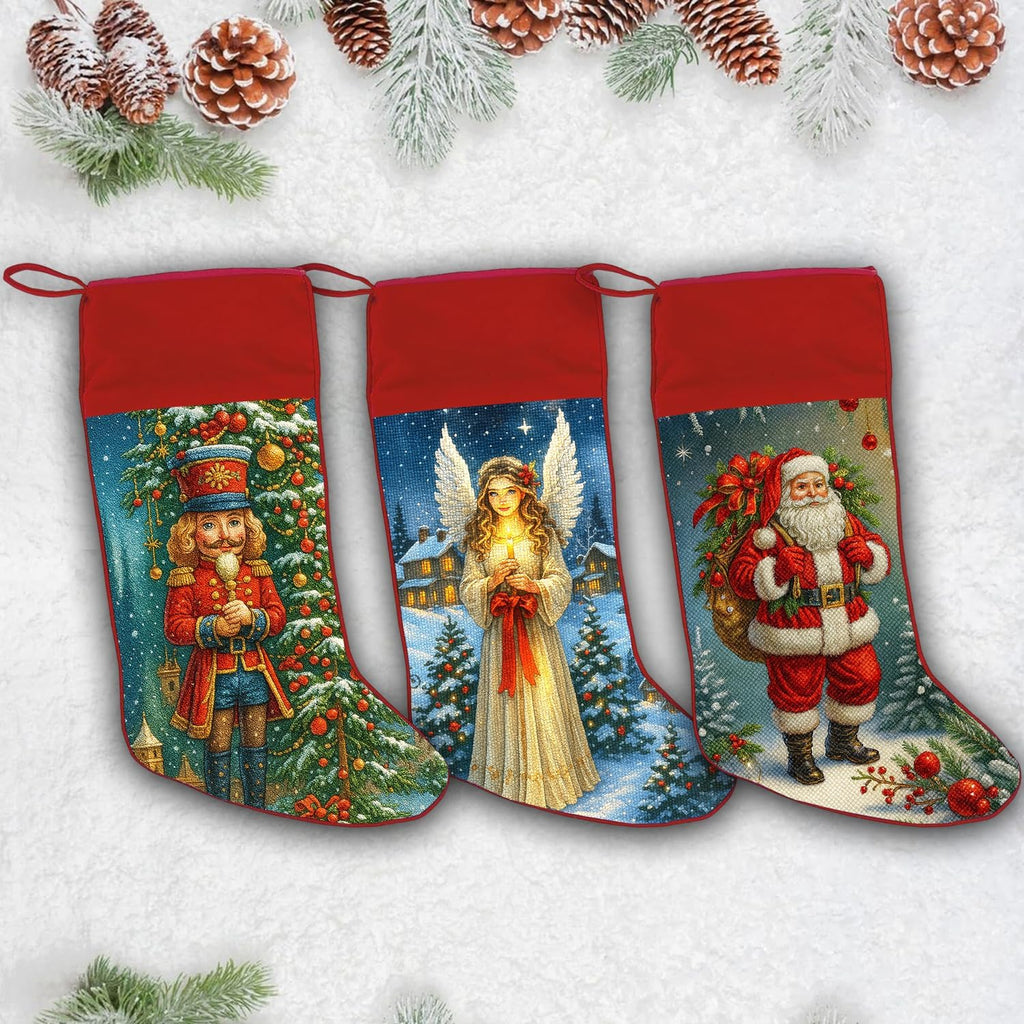Personalized Needlepoint Christmas Stockings, 2D Plush Angel Stockings with Names, Xmas Stocking for Kids, Holiday