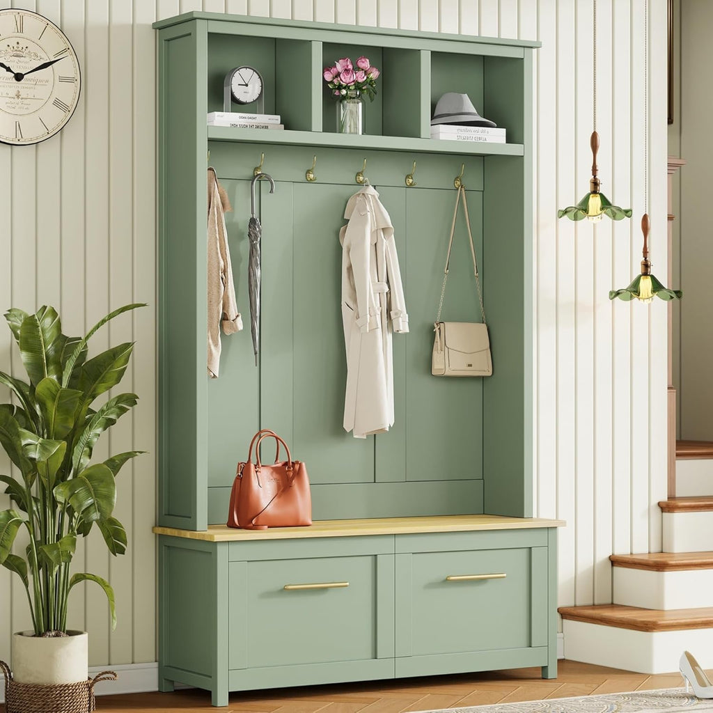 Versatile 4-in-1 Hall Tree with 6 Golden Hooks, Wood Grain Bench with Multiple Storage Space, Entryway Coat Rack with