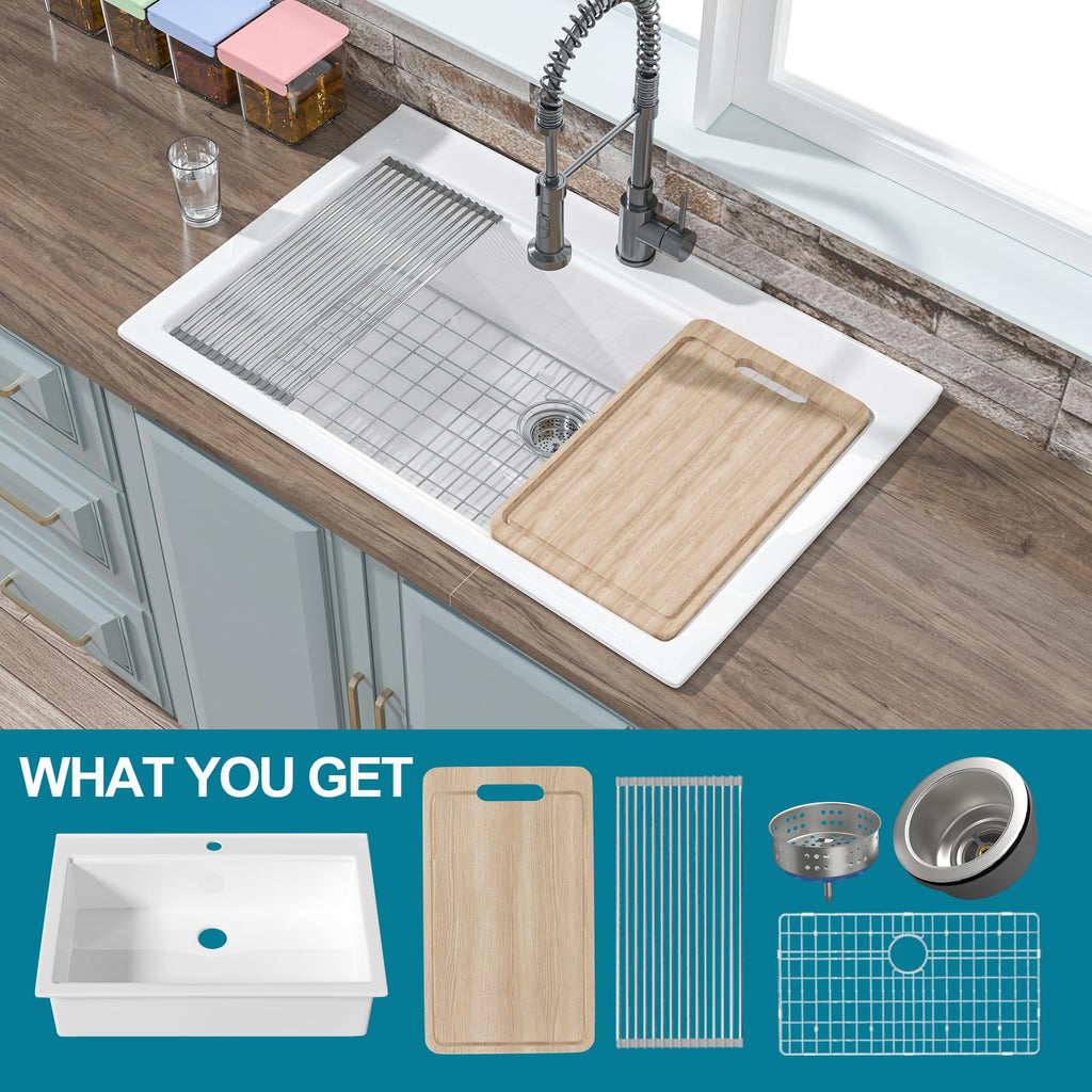33" x 22" Drop In Fireclay Workstation Kitchen Sink White 1 Hole