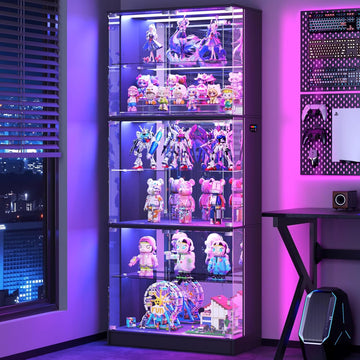 Display Cabinet with Glass Doors, 6-Tier 71'' Tall Curio Cabinet with RGB Lights for Collectibles, Display Case with