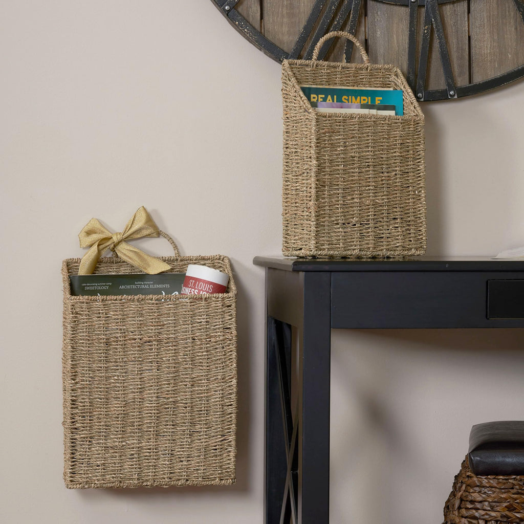 Rectangular Wicker Hanging Baskets, Set of 2, Small and Large, Handwoven Seagrass, Durable Metal Wire Frame