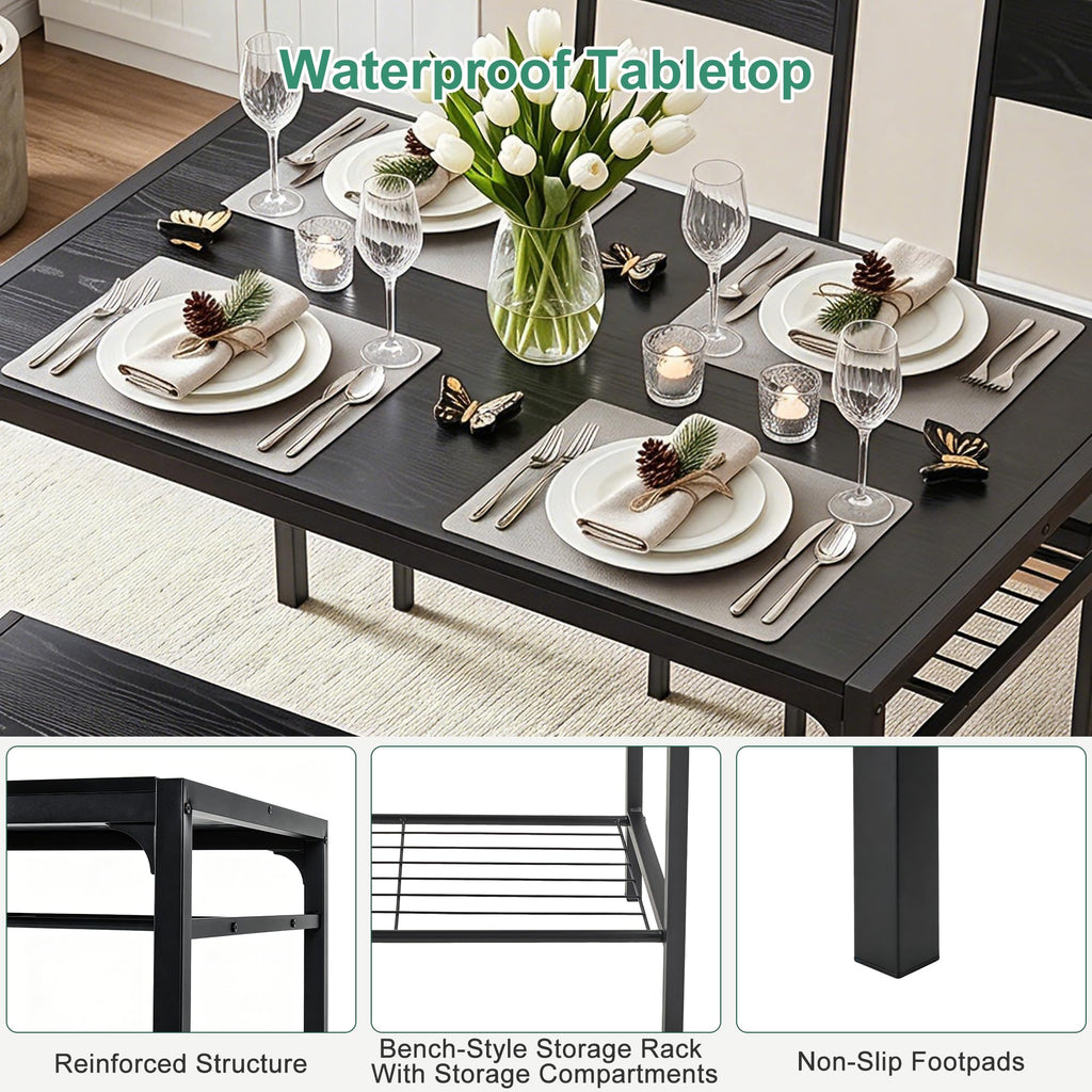 Kitchen Dining Room Table with 2 Chairs & Bench, Compact Space-Saving Design, Easy Assembly Steel Frame, Perfect for