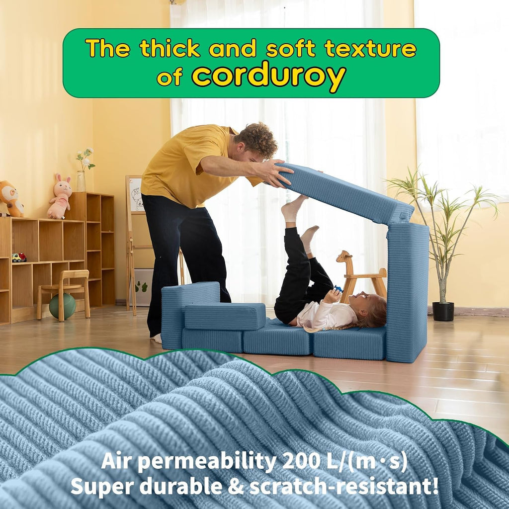 16Pcs Modular Kids Play Couch for Toddlers, Fold Out Kids Couch Building Fort for Playroom Bedroom, Kid Convertible