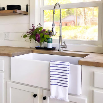 Austen 30 Inch White Fireclay Farmhouse Kitchen Sink, Single Bowl, Apron-Front, Undermount Installation, Fits 33 Inch