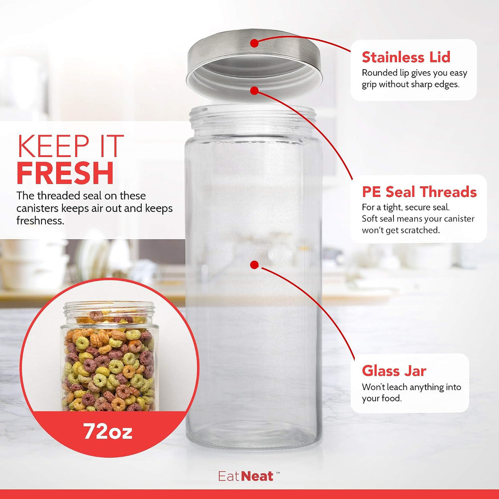 4-Piece Sleek Glass Canister Set with Brushed Stainless Steel Lids - Giftable, Durable Storage Containers - Set of 4