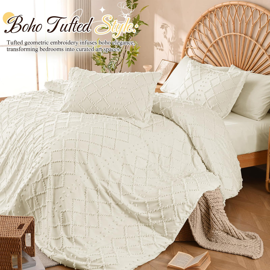 Beige Tufted Duvet Cover Set, 5 Piece Boho Queen Bedding