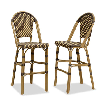 Bar Stools French Rattan 30" Set of 2 High-Back, Brown