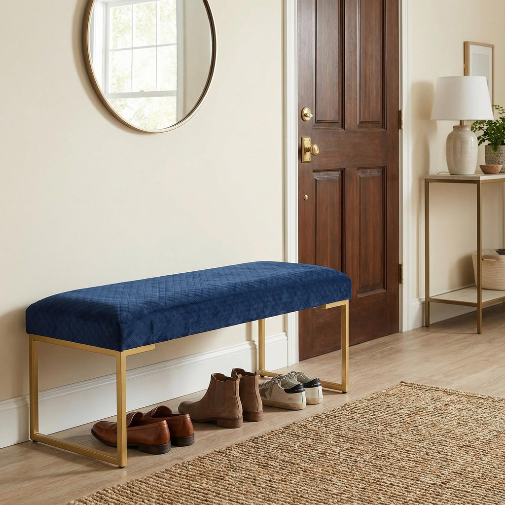 Claymore Large Ottoman Bench with Painted Gold Legs, Blue Velvet, 48"