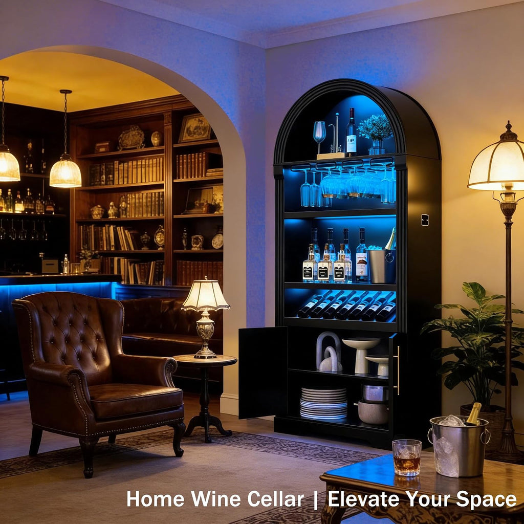 71" Arched Fluted Wine Bar Cabinet with LED Light and Wine Rack (Black) | Coffee Bar Cabinet Liquor Cabinet Motion