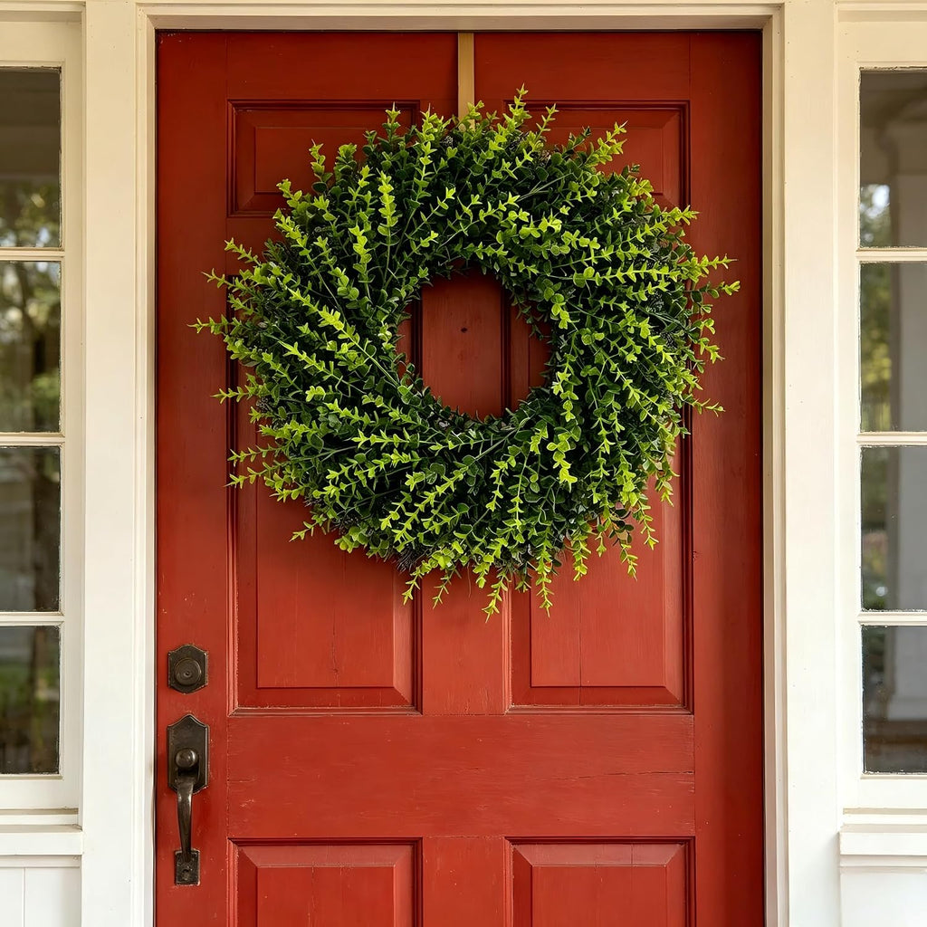 All Season Artificial Boxwood Wreath for Front Door, Farmhouse Year Round Greenery Wreath Outdoor with Hanging Tag