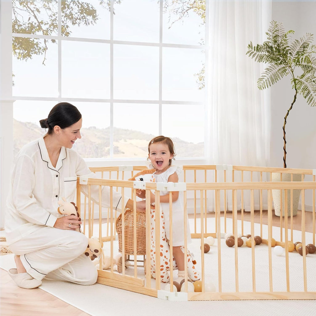 Wooden Baby Playpen Foldable Play Yard with Gate 86"x58" Natural Wood | Foldable wooden playpen, dual-lock gate