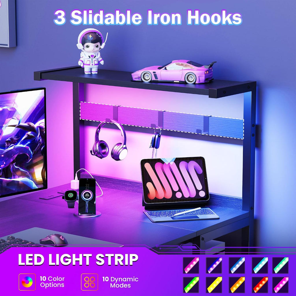 55in Gaming Computer Desk with Drawers & Storage Shelf & Iron Hook, Black | LED Light, Power Outlet, Reversible
