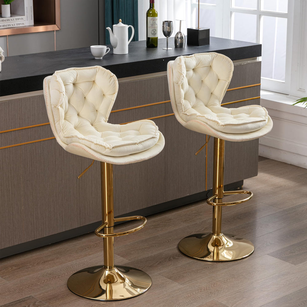 Bar Stools Set of 2, Modern Adjustable Counter Height Swivel Barstools with Velvet Tufted Upholstered Island, 360