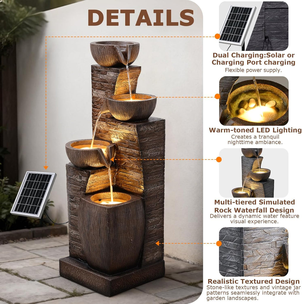 38.2" Tall Solar Powered Water Fountain,4 Tiers Modern Cascading Bowls and Stacked Stones Solar Fountains with LED
