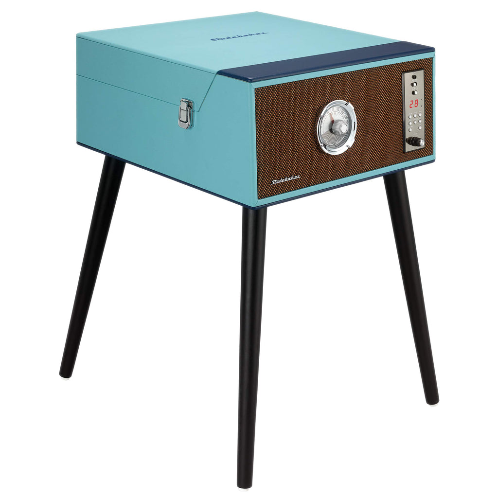 Floor Stand Turntable, Bluetooth Receiver, CD Player, FM Radio, Wood Cabinet, 3W RMS Speakers x 2, (Teal)