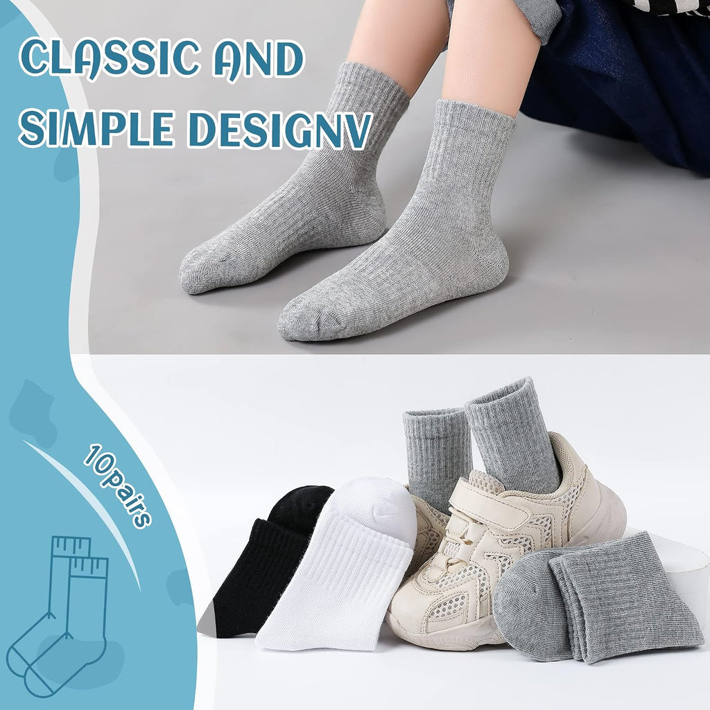 Kids Athletic Crew Socks Boys Girls Classics Cotton School Uniform Childs Sports Breathable Casual Socks 10 Pairs