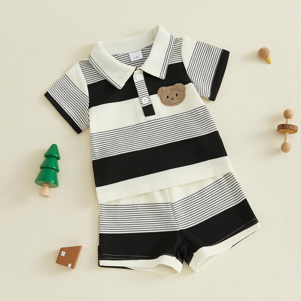 Toddler Baby Boy Summer 2 Piece Bear Outfits Color Block Striped Short Sleeve Button Collared Shirt Shorts Set