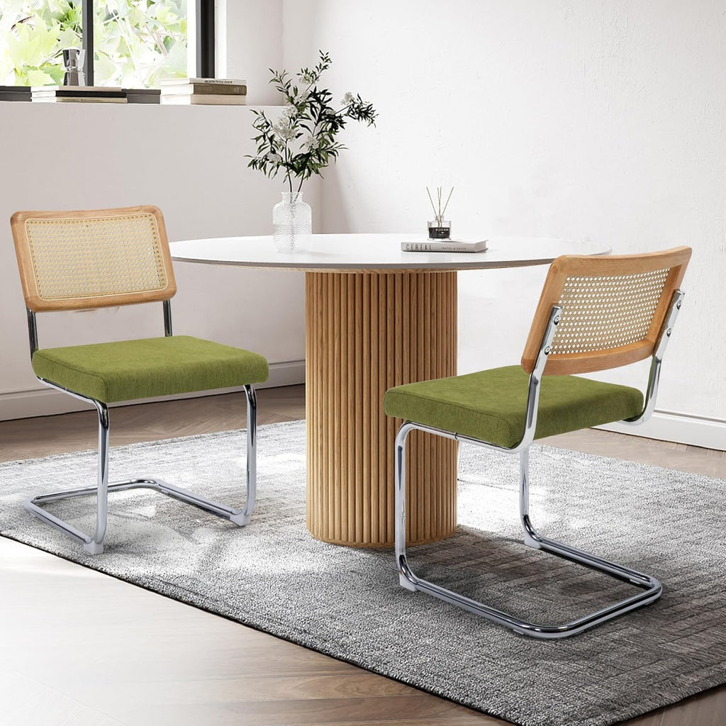 Dining Chairs Set of 2, Modern Rattan Kitchen Chairs, Mid Century Modern Design, Polished Chrome Frame