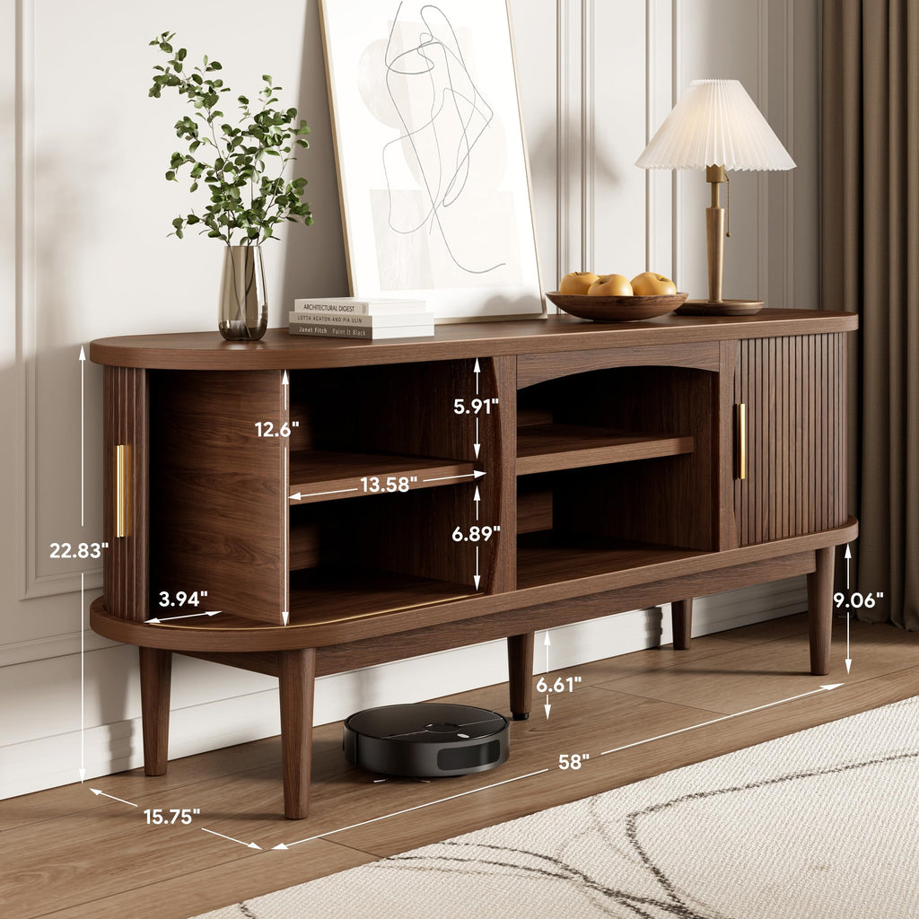 Mid Century TV Stand for TVs up to 65 Inches, Entertainment Center with Storage, Power Outlet, Fluted Sliding Doors &
