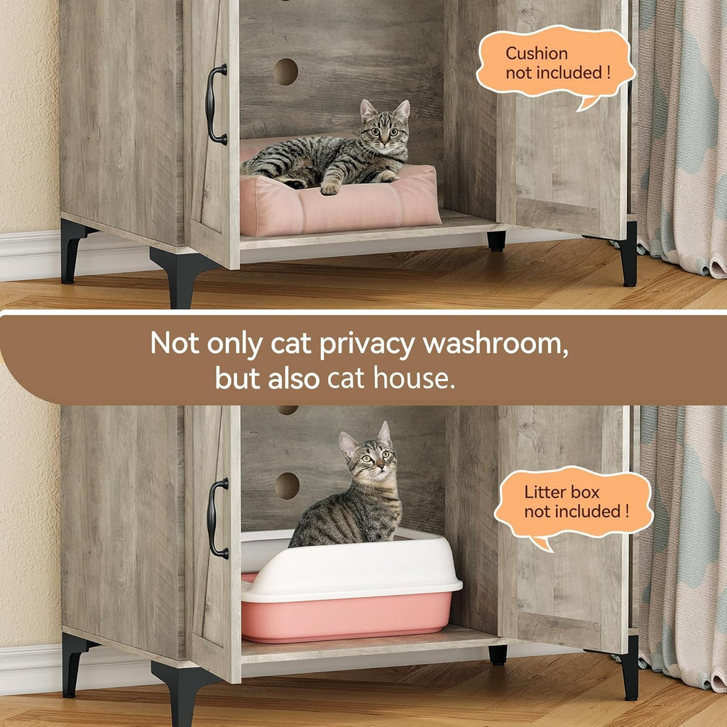Cat Litter Box Enclosure, Large Hidden Cat Litter Box Furniture with Storage Shelves and Doors, Wooden Cat Washroom