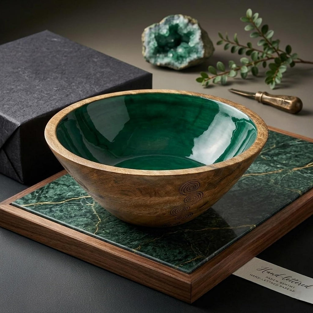 Wooden Decorative Bowl with Green Interior, Mango Wood Bowl Decor | Modern Fruit Bowl Counter; Hand-Carved Coffee
