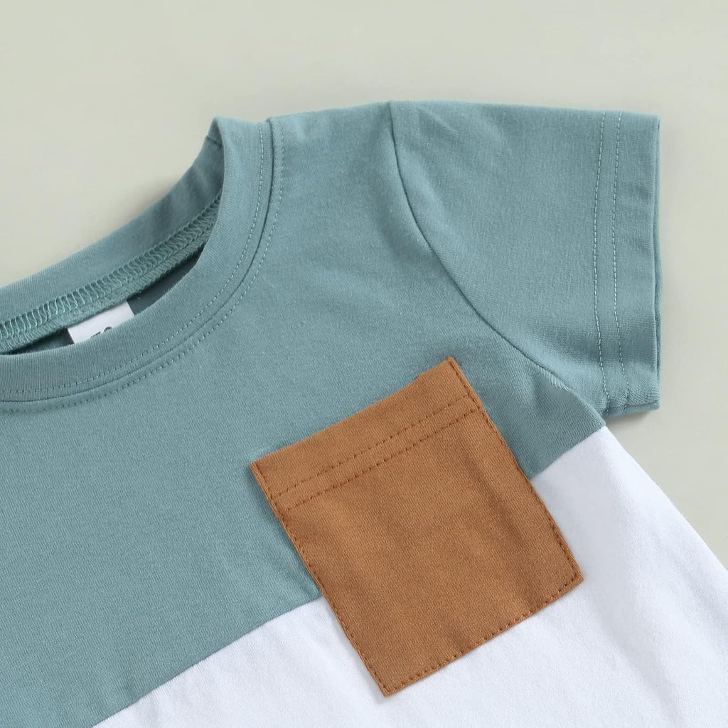 Baby Toddler Boy Clothes Summer Outfits 6 12 18 Patchwork Short Sleeve T Shirt & Shorts Sets with Pockets