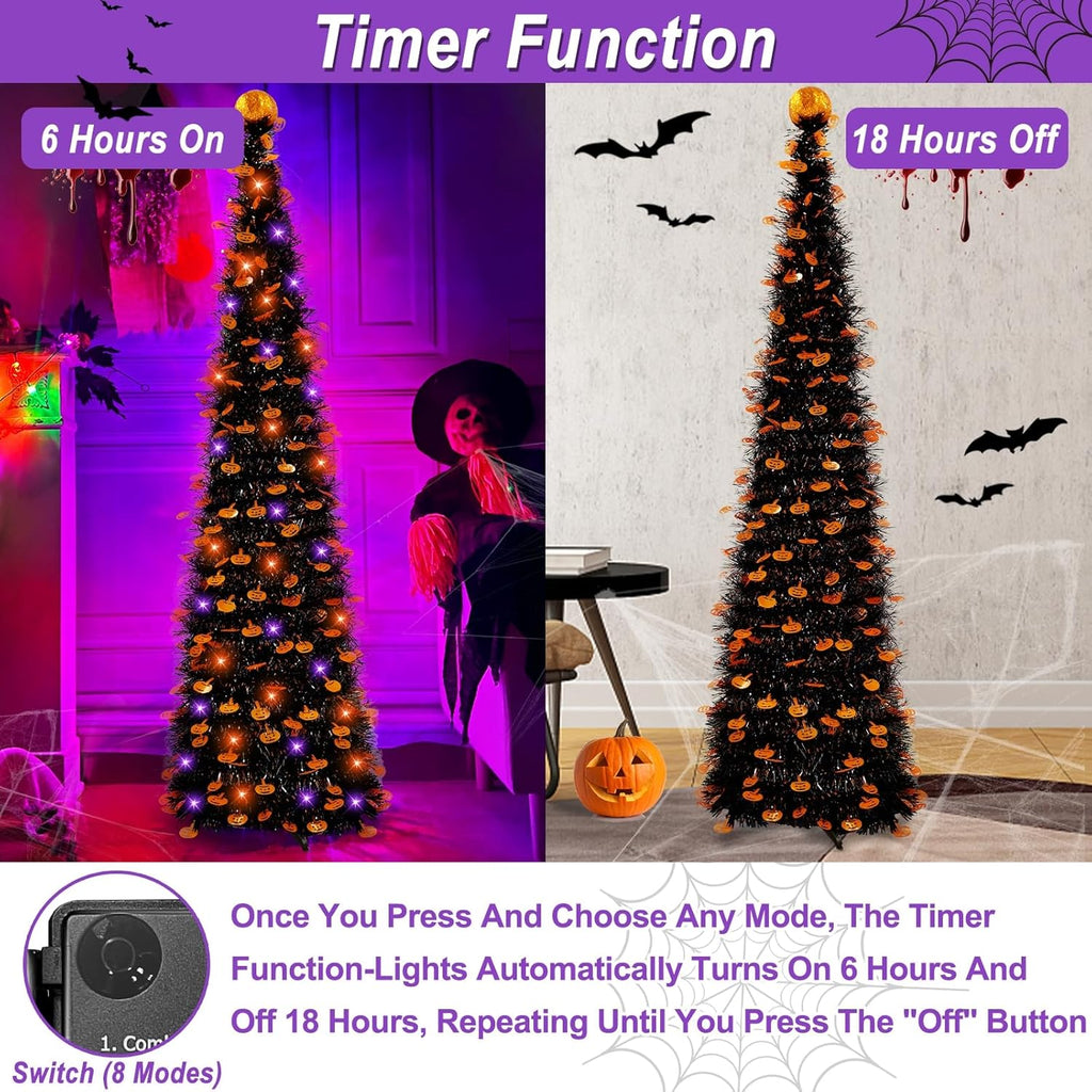 5Ft Black Tinsel Halloween Tree with Lights Halloween Decorations