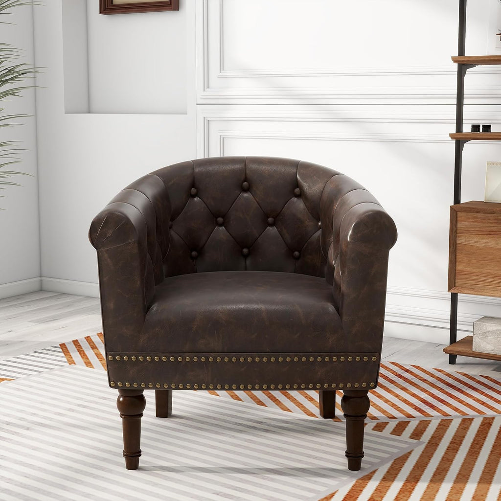 Faux Leather Barrel Accent Chair, Comfy Club Armchair with Solid Wood Legs, Upholstered Single Sofa Chair