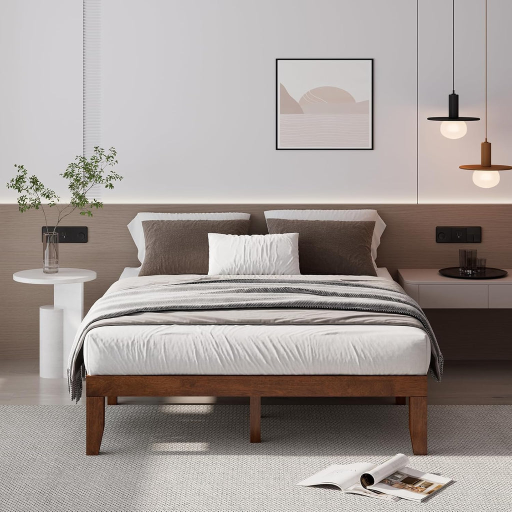 14 Inch Queen Wood Platform Bed Frame, Minimalist Style Mattress Foundation with Solid Rubber Wood, Heavy Duty Slat