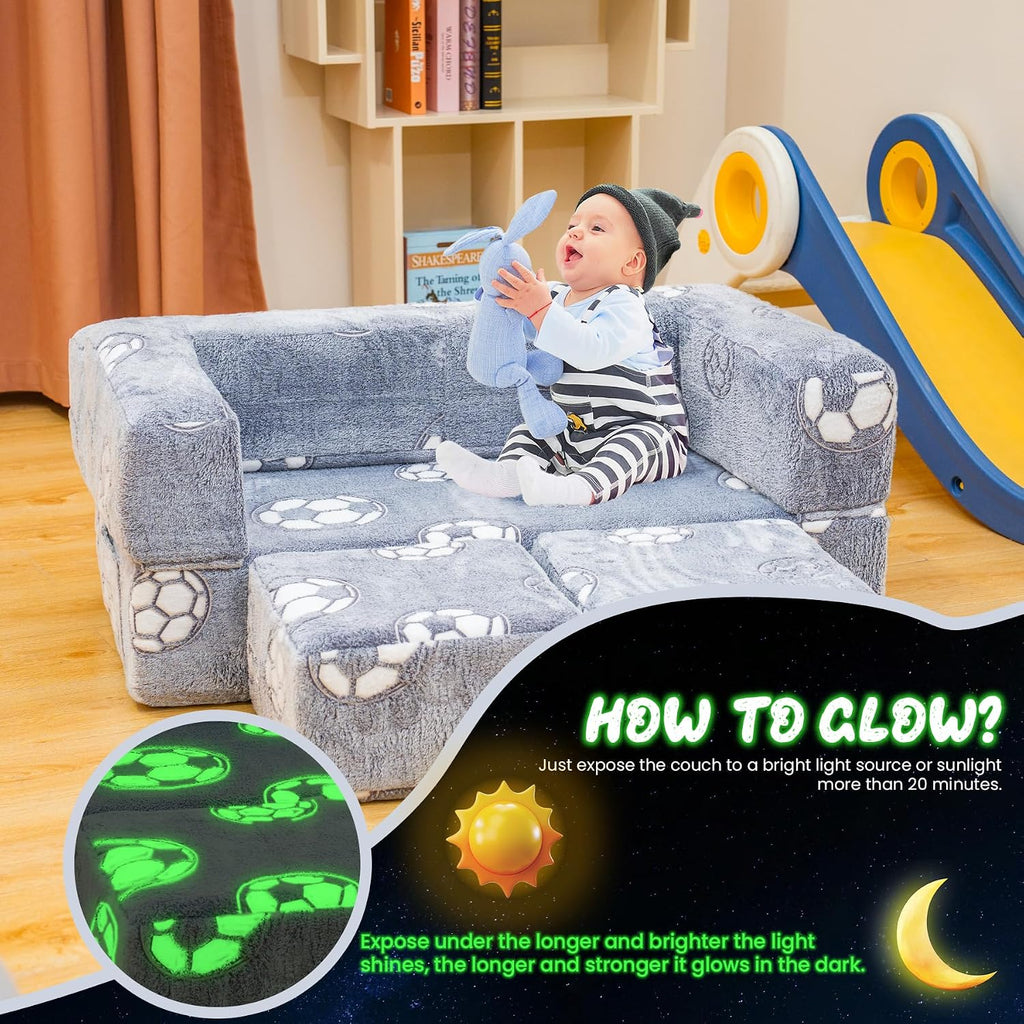 Toddler Couch, Glow in The Dark Kids Play Couch Toddler Fold Out Couch, Kids Fold Out Couch for playroom, Convertible
