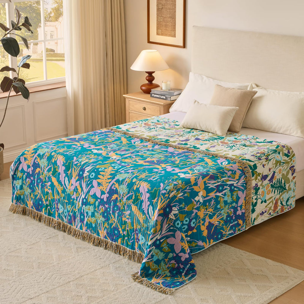Boho Throw Blanket, 100% Soft Cotton Floral Quilt, Twin 60"x 80"
