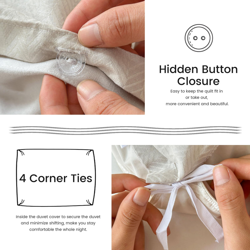 Luxury French Linen Blend Duvet Cover Set - 3-Piece Lightweight Bedding - Herringbone Jacquard Texture - Button