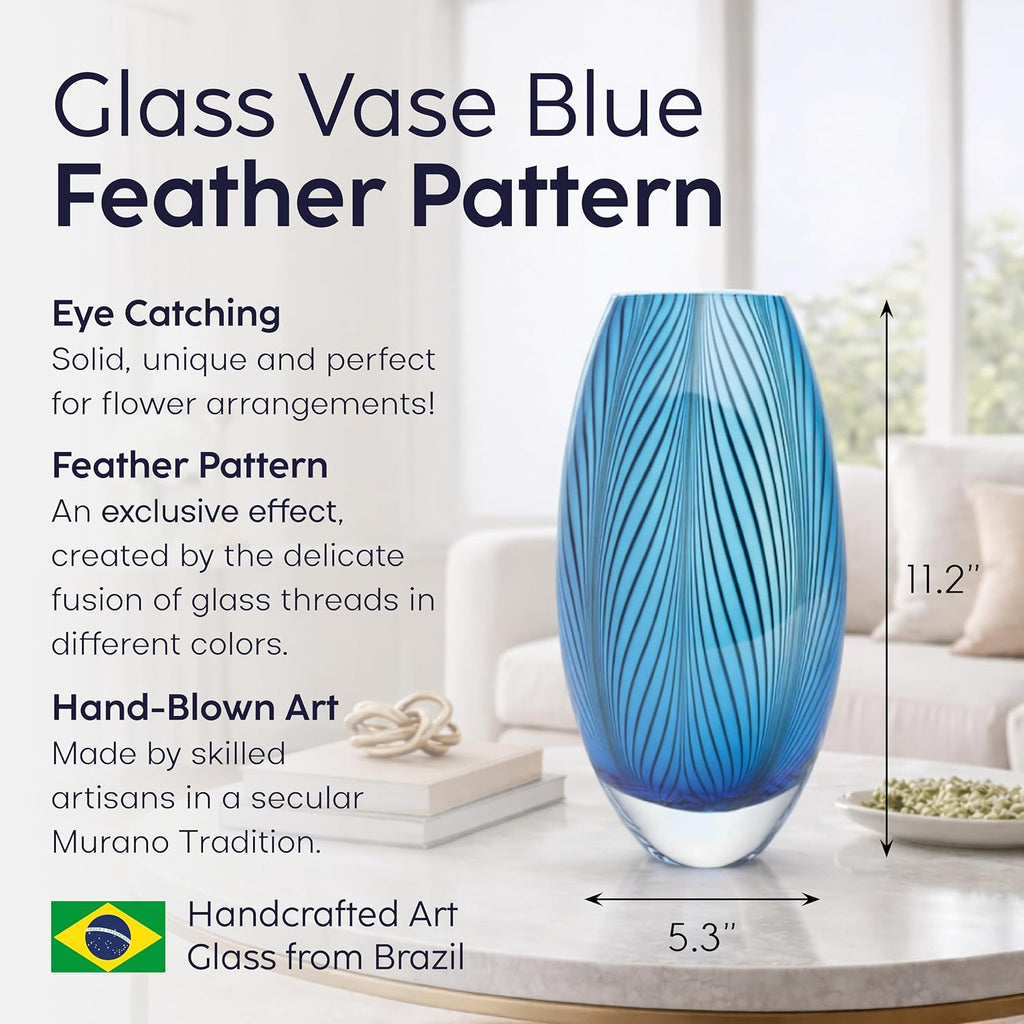 Murano Style Glass Vase Hand Blown Blue Feather Pattern Effect Home Decor