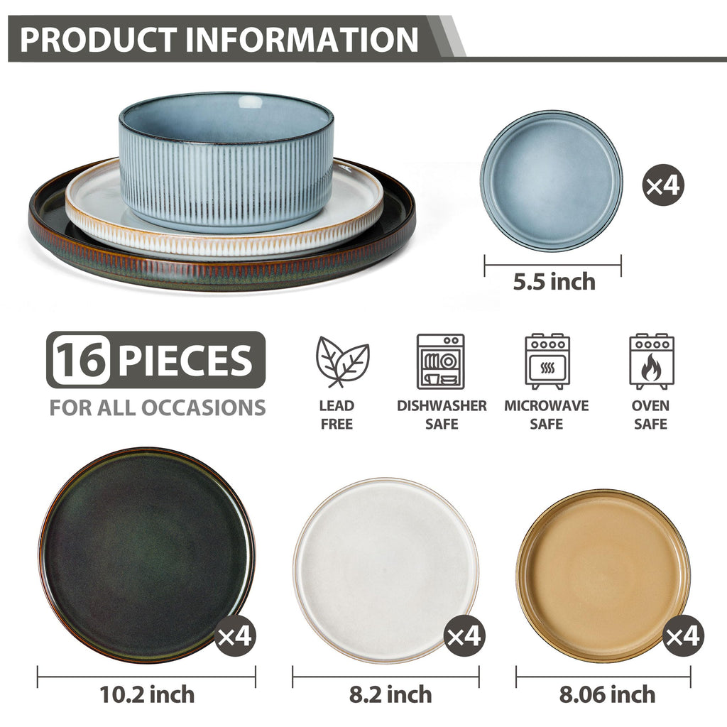 Dinnerware Stoneware Sets with Pasta Bowls, 16 Piece Plates and Bowls Set for 4, Ribbed Dishes Set , Microwave and