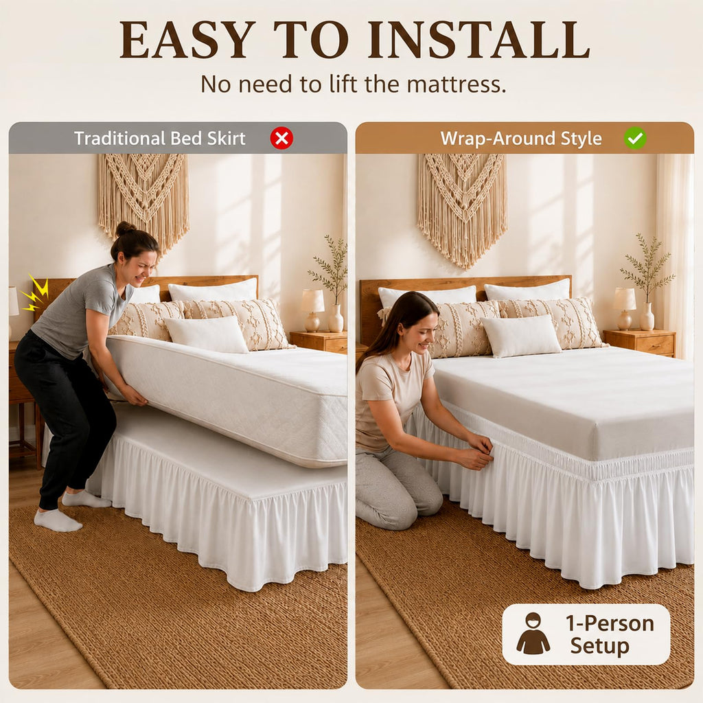 White Queen Bed Skirt 16 Inch Drop, Elastic Wrap Dust Ruffle