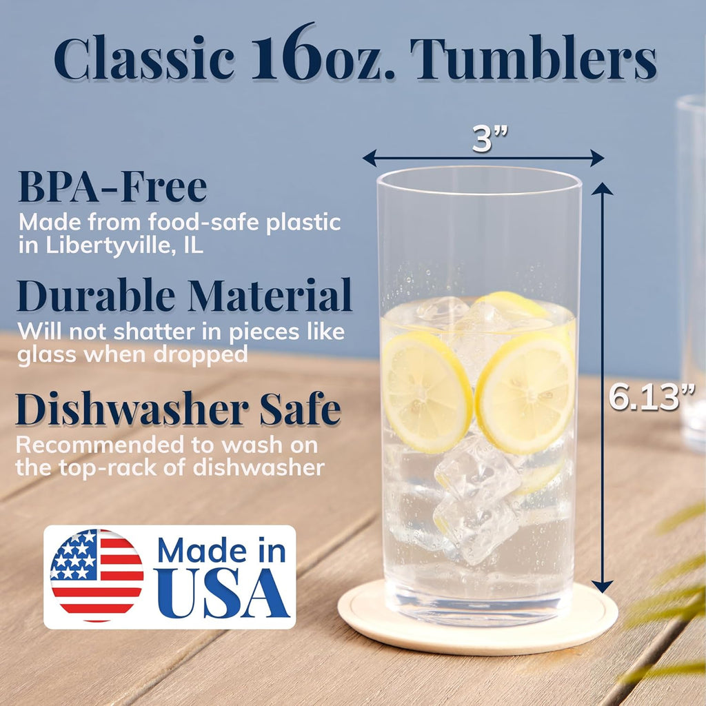Classic Clear Plastic Reusable Drinking Glasses (Set of 6) 16oz Water Cups | BPA-Free Tumblers, Made in USA |