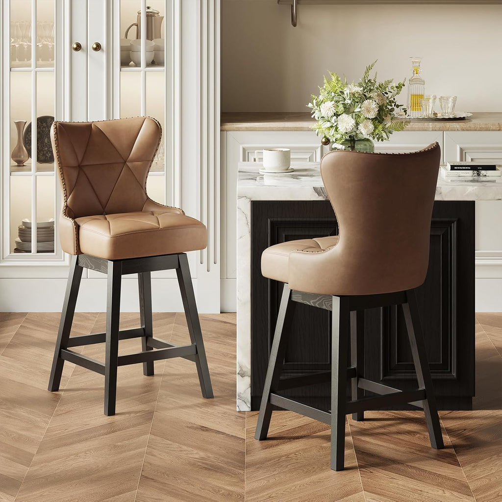 Swivel Counter Height Bar Stools Set of 4, Tall Faux Leather Barstools, Modern Bar Chairs with Solid Back and Wood